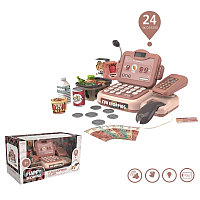 Casa de marcat de jucarie, scanner produse, microfon, cos produse, bani, 24 accesorii, efecte muzicale,