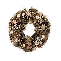 Decoratiune Craciun, coroana cu conuri si globuri, auriu, 34 cm