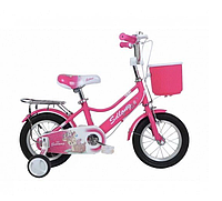 Bicicleta Go Kart 542, 12 inch, pentru copii, 2-4 ani, roti ajutatoare silicon, portbagaj, cosulet, roz