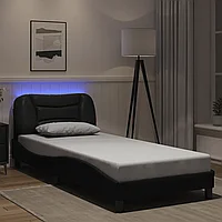 Cadru de pat cu lumini LED negru/alb 90x190 cm piele ecologică