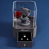 Cutie cadou luxoasa cu ursulet decorativ, trandafir criogenat si sertar pentru daruri personalizate