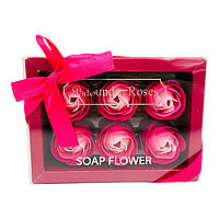 Set de 6 trandafiri din sapun in cutie eleganta cu funda roz 15x11x5cm