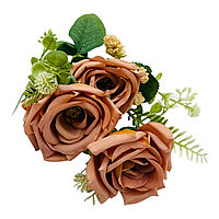Buchet artificial elegant cu 5 trandafiri si boboci flori diverse, un singur fir, 30cm, maro