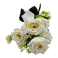 Buchet artificial elegant cu 5 trandafiri si boboci flori diverse, un singur fir, 30cm, alb