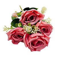 Buchet artificial elegant cu 5 trandafiri si boboci flori diverse, un singur fir, 30cm, roz
