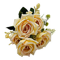 Buchet artificial elegant cu 5 trandafiri si boboci flori diverse, un singur fir, 30cm, crem