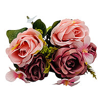Buchet artificial deosebit cu 5 bujori si 3 flori de eucalipt cu frunze si boboci, roz+ lila, 29cm, calitate