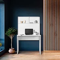 Birou Adore White cu biblioteca, Alb, 90x148x52 cm