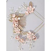 Accesorii de Par cu Perle si Strasuri, Pieptene & Agrafe 8-14cm Roz-Auriu, - 24982