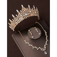 Set Diadema (Coronita) Mireasa, Model Regal cu Pietre si Strasuri, Colier si Cercei, Auriu- 67173