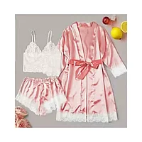 Set Pijama de Dama 3 Piese din Satin Roz Pudra+Alb