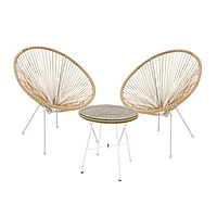 Set de sufragerie Acapulco II pakoworld set de 3 metal alb-rattan Natural-sticlă D50X50cm