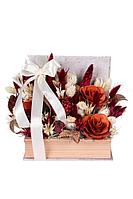 Aranjament din plante uscate in cutie tip carte, maro-crem-bordo