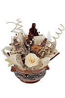 Aranjament din plante uscate in vas ceramic cu motive traditionale, rotund,maro-crem