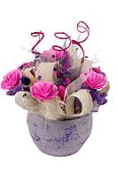Aranjament din plante uscate in vas ceramic rotund, roz-mov-crem