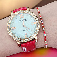 Set ceas casual de dama cu bratara inclusa, mecanism quartz, display analog, bratara rosu lucios, inchidere