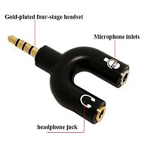 Adaptor audio jack 3.5mm de 4 pini TRRS cu 2 iesiri pentru microfon si casti plus capac, negru