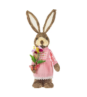 Figurina Decorativa de Paste Iepuras cu Rochie Roz si Flori 50 cm