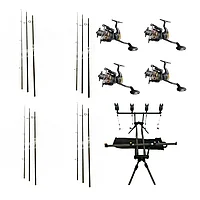 Set Complet Pescuit la Crap, 4 Lansete 3, 90m, 3 Segm, 4 Mulinete Glamour 7000, Rod Pod Echipat