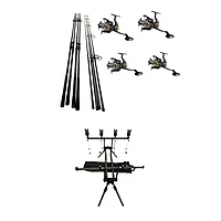 Set Pescuit la Crap, 4 Lansete 3, 90m, 2segm, 4 Mulinete Glamour 7000, Rod Pod, Senzori