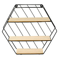 Raft decorativ cu 3 polite pentru perete din metal, forma hexagonala, Negru Crem