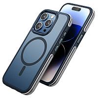 Husa de Protectie Compatibila cu iPhone 15 Pro, Rezistenta la Socuri, Margine Albastra, Spate Fumuriu,