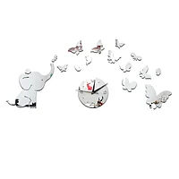 Ceas decorativ de perete din sticla acrilica, cu elefant si fluturi, 30x55 cm, culoare auriu
