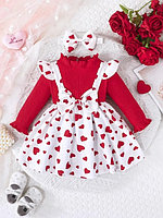 Rochita rosie cu alb si inimioare, cu bentita asortata (Marime Disponibila: 3-6 luni (Marimea 18