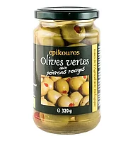 Masline verzi bio umplute cu ardei rosu, in saramura, 320g Epikouros