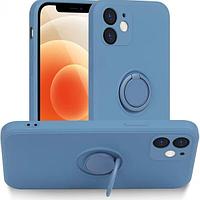 Husa pentru Apple iPhone 12 Ring cu suport rotativ Albastru interior Microfibra, Liquid Silicone