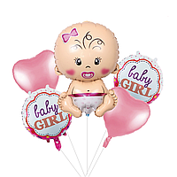 Set 5 baloane folie, 45cm - 68cm, forma bebelus, it's a girl - baby girl, roz, Ropet