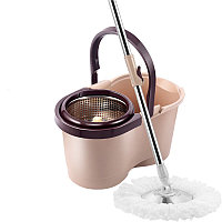 Set curatenie, galeata cu centrifuga, maner telescopic si mop rotund, Galeata cu Storcator si Mop, metal, Bej