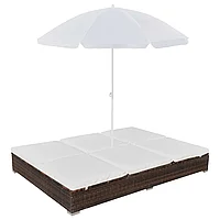 Pat șezlong de exterior cu umbrelă, maro, poliratan