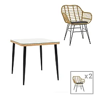 Masa de dining Naoki V set de 3 din rattan pe de la pakoworld în nuanță Naturală și metal negru 80x80x78cm