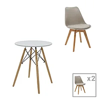 Set de masă de dining Julita-Gaston din 3 piese din MDF și lemn de fag în nuanțe de Gri-alb-Natural Φ60x73cm