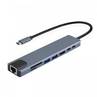 Adaptor 8 in 1 IKATAK, USB-C la HDMI 4k 30HZ, 2 X USB-A, audio, SD, TF, 2 x USB-C, LAN RJ45, compatibil Apple