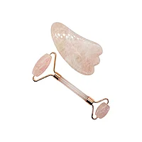 Set Jade Roller, Gua Sha si Aplicator din Quartz Roz pentru Masaj Facial si Muscular