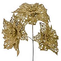 Ramură Decorativă Crăciun, Flori Glitter, Auriu, 26cm