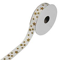 Panglică Decorativă Brad Crăciun, Bej, Stele Aurii, Glitter, 5m x 15mm, Poliester