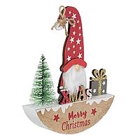 Decorațiune Crăciun Lemn, Suport Semicerc, Gnome, Cadou Glitter Bej șampanie, Brad Verde, 18cm