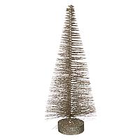 Decoratiune Crăciun, Brad Conic, Culoare Bej, Glitter, Bază Lemn, 35 cm