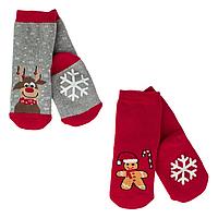 Șosete Crăciun, Set 2 Bucăți, Gri și Roșu, Cu Ren și Gingerbread, Antiderapant, Unisex, Bebeluși