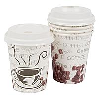 Pahare Carton, Model Boabe Cafea, Set 10 Bucăți, Capacitate 240 ml, Multicolor, Cu Capace
