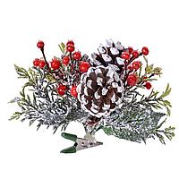 Decoratiune Craciun, Model Brad Nins cu Clips, Conuri si Pomusoare, 10cm, Rosu Verde