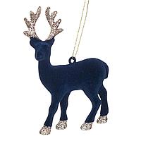 Ornament Brad Crăciun, Model Cerb, Culoare Bleu Catifelat, Detalii Glitter Bej, Lungime 13cm, Plastic
