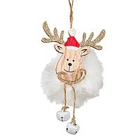 Ornament Brad Crăciun, Cerb Lemn, Glitter Auriu, Pompon Alb, Clopoței, 17 cm