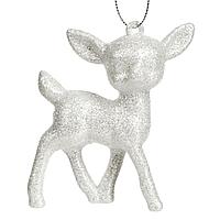 Ornament Brad Crăciun Cerb, Alb, Glitter Argintiu, 8.5x8.5 cm, Plastic