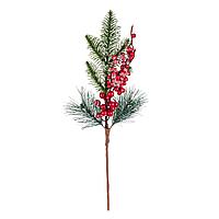 Ramură Decorativă Crăciun, Brad și Pin, Tulpină Scurtă, Înzăpezită cu Pomușoare Roșii, 45cm