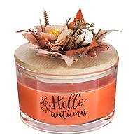 Lumanare Decorativa, 3 Fitiluri, Aroma Scortisoara, Capac Lemn, Somon, Diametru 13cm, Inaltime 8cm