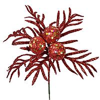 Ramură Decorativă Crăciun, Fără Brand, Flori, Glitter, Roșu, 17cm